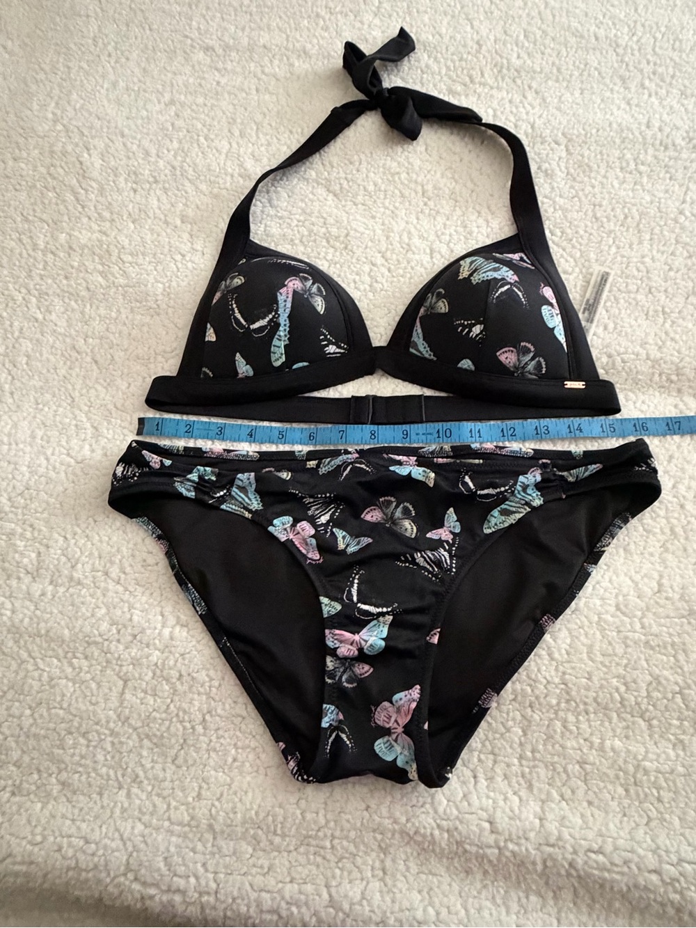 Victoria’s Secret PINK Black Butterfly Print Triangle Halter Bikini Set Sz Large